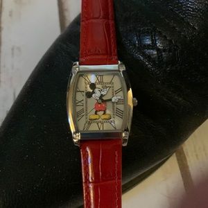 Disney old time Mickey Mouse watch Roman numerals hands red leather